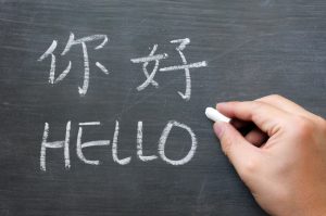 Hello - word written on a smudged blackboard with a Chinese tranlation,with a hand holding chalk